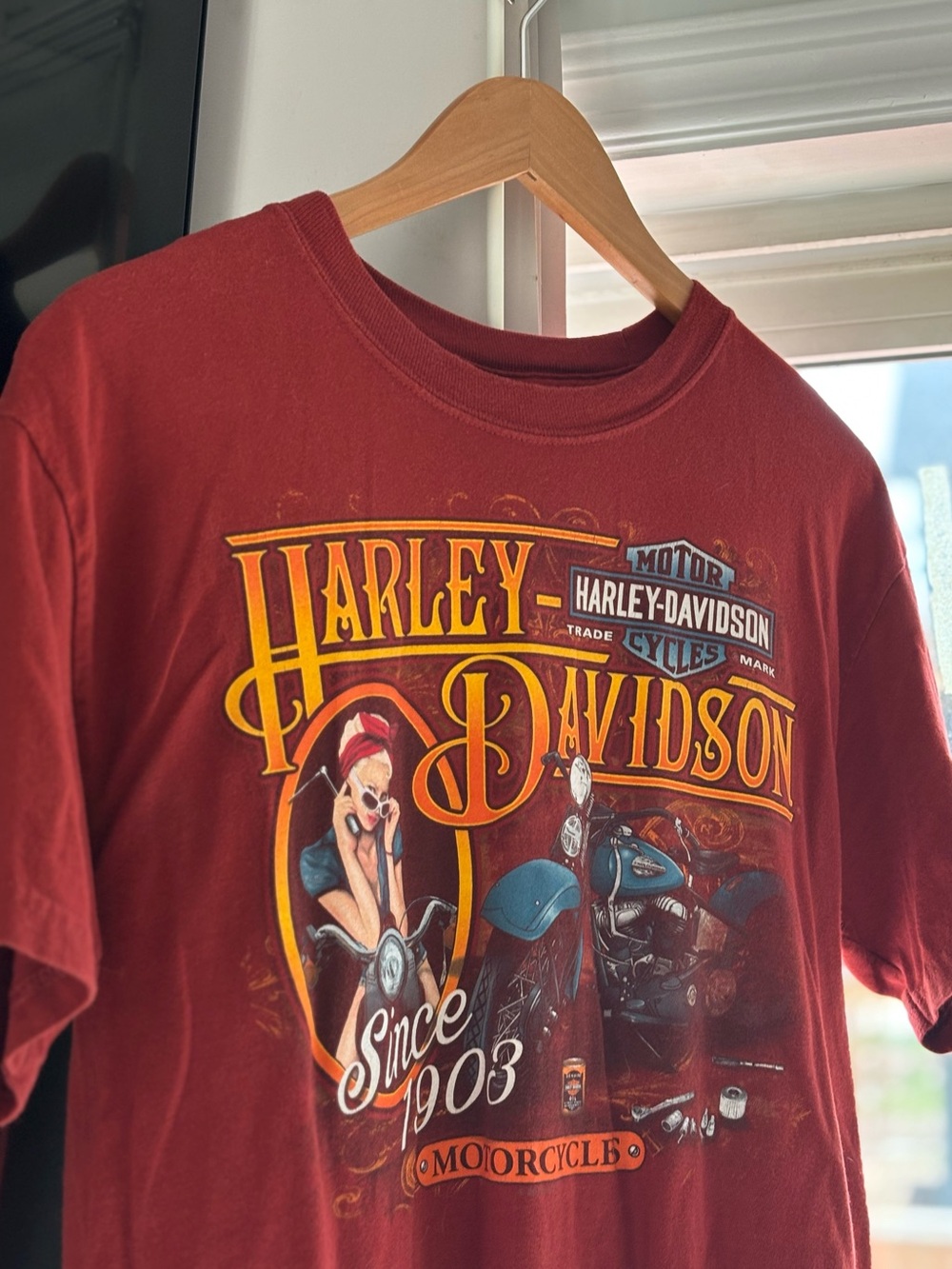 Authentic Harley-Davidson Red Crewneck Tee with Orange Logo